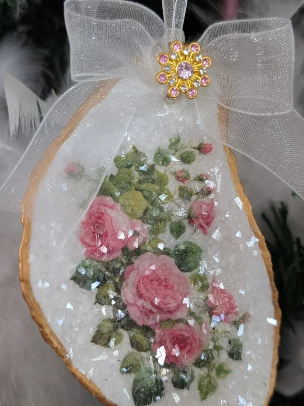 Pink Rose Decoupage Oyster Shell Christmas Ornament Shabby Cottage Chic
